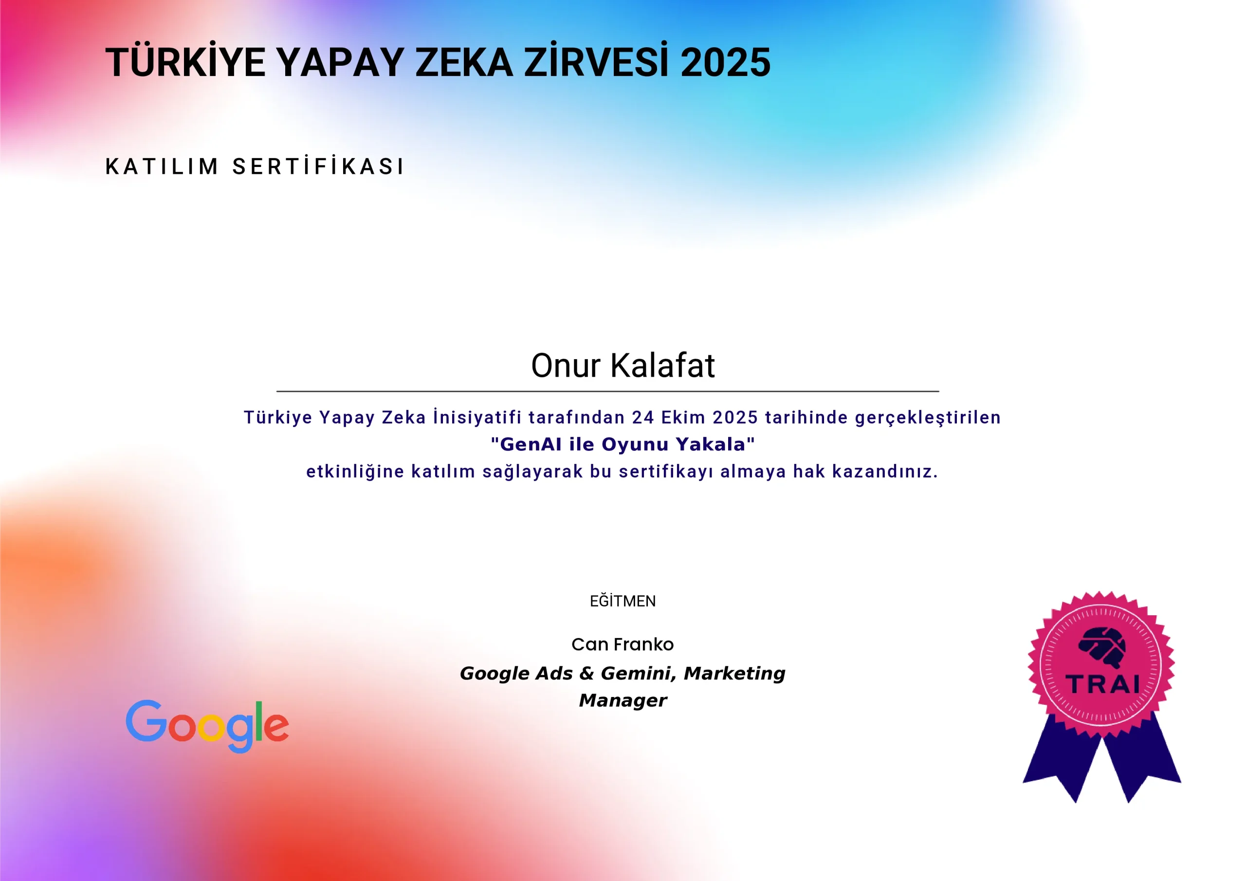 Onur Kalafat GenAI ile Oyunu Yakala Sertifikası - Mimoza Bilişim
